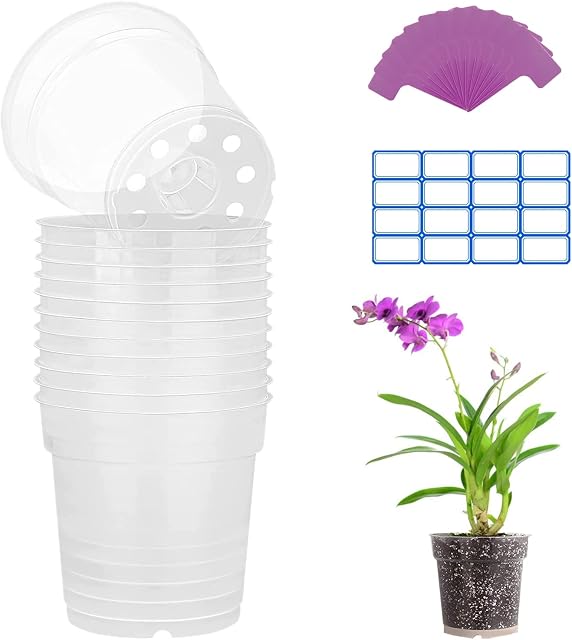 PHUNAT Clear Orchid Pot, 12PCS 4.5'' Transparent Plastic Plant Pots with Drainage Holes, Orchid Flower Pot Seedlings Pots Seed Pots Flower Plant Container