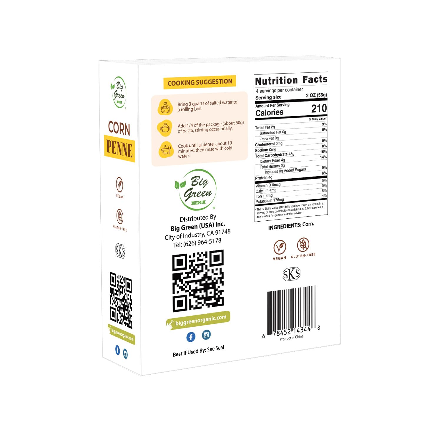 Big Green Food - Corn Penne, Premium Gluten-Free Penne Pasta, Wheat Free, Vegan Friendly (12 Boxes)