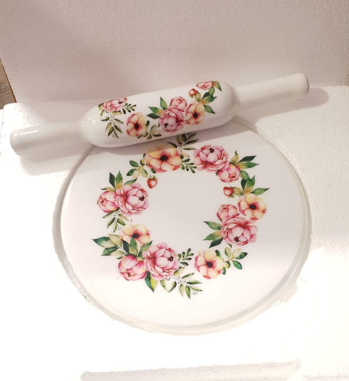 Samyuktha Printed Design Handicraft Marble chakla Belan Set (Wooden Belan) / Rolling Pin and Marble Board/Roti Maker