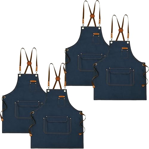 Paquete de 4 delantales de chef para mujeres y hombres, delantal de trabajo con correas cruzadas en la espalda y bolsillos grandes, delantales de
