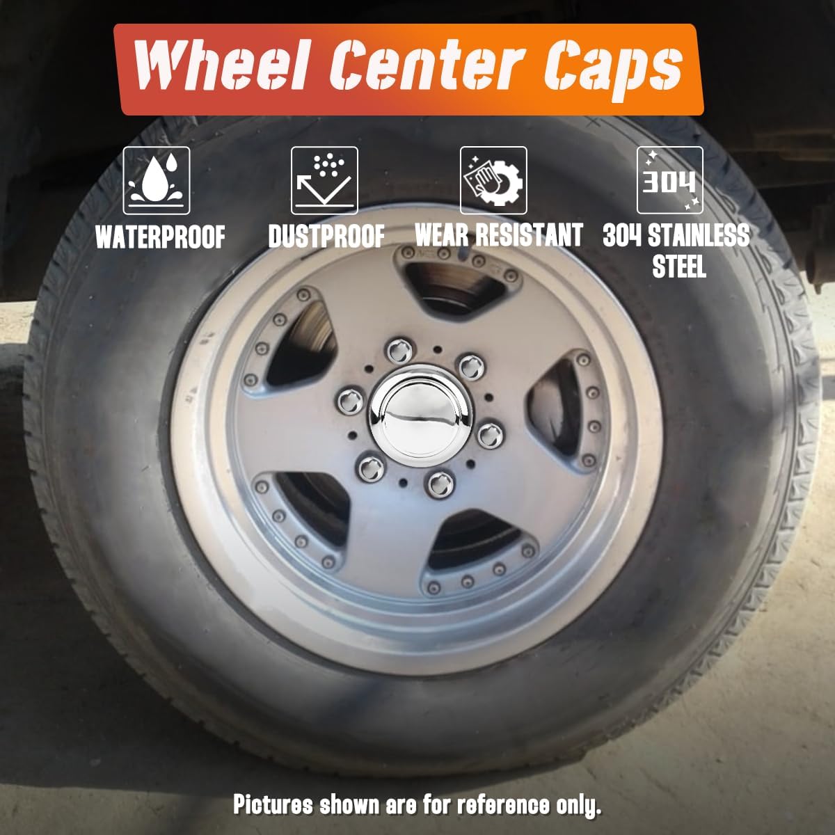 4Pcs 3.19in Trailer Wheel Center Caps Push Through Stainless Steel Hub caps for Truck SUV RV Wheel Rim, Chrome (Fit 3.19" bore, 3.62" Tall)