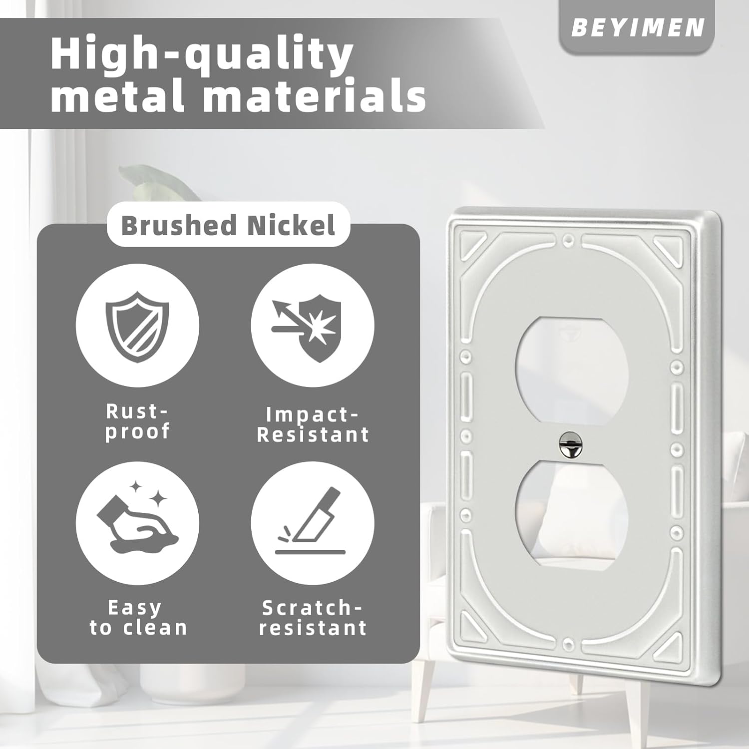 6 Pack Duplex Outlet Covers Wall Plates, Brushed Nickel Metal Electric Receptacle Cover, Classic Retro Style Decorative Switch Plate and Outlet Cover, 1 Gang Wall Plate for Electrical Outlets