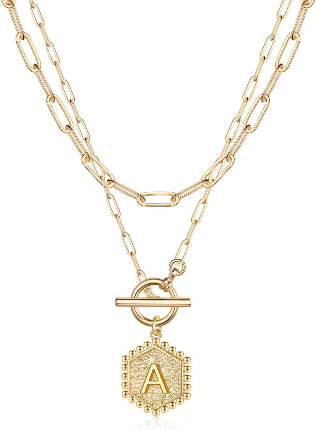 IEFWELL Layered Gold Necklaces for Women - 14K Gold Plated Silver Rose Gold Paperclip Chain Necklace Initial Necklaces for Women Toggle Clasp Layered Necklace Jewelry