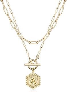 Colares femininos com inicial em camadas de ouro 14 K, clipe de papel banhado a ouro 14 K, colar hexagonal com pingente de letra, fecho em camadas, gargantilha com inicial em camadas douradas para mulheres