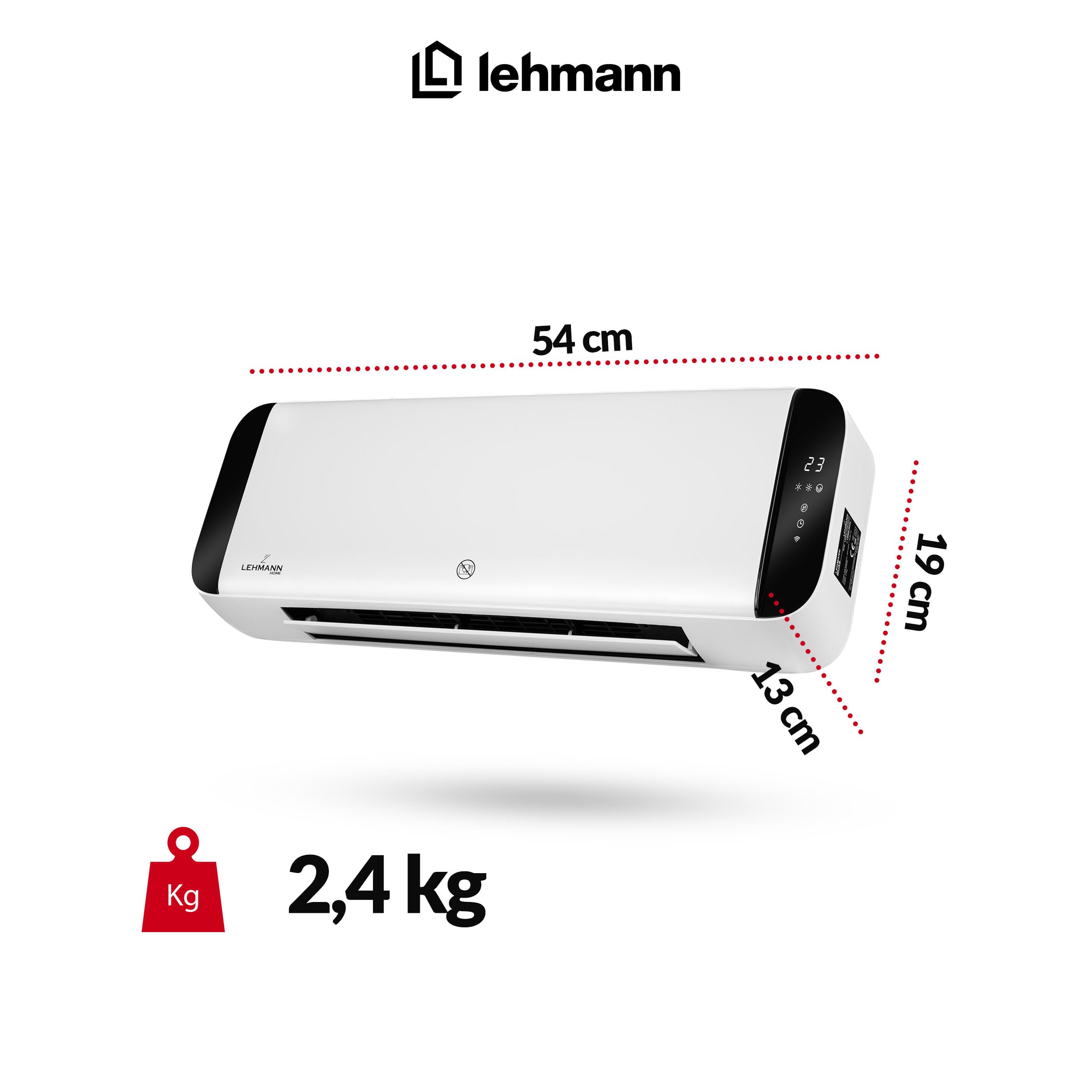 LEHMANN Termoventilatore da Parete, 2 Potenze 1000/2000 W, Riscaldatore Elettrico con Elemento Riscaldante in Ceramica, Rilevamento Finestra Aperta, Timer, Oscillazione, Controllo App e Telecomando