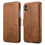 iPhone X Case, ICARER Detachable Genuine Leather Wallet Case [Detachable Folio] Flip Folio Book Cover with Card&Cash Slots Kickstand Feature and Magnetic Closure for Apple iPhone X - Brown