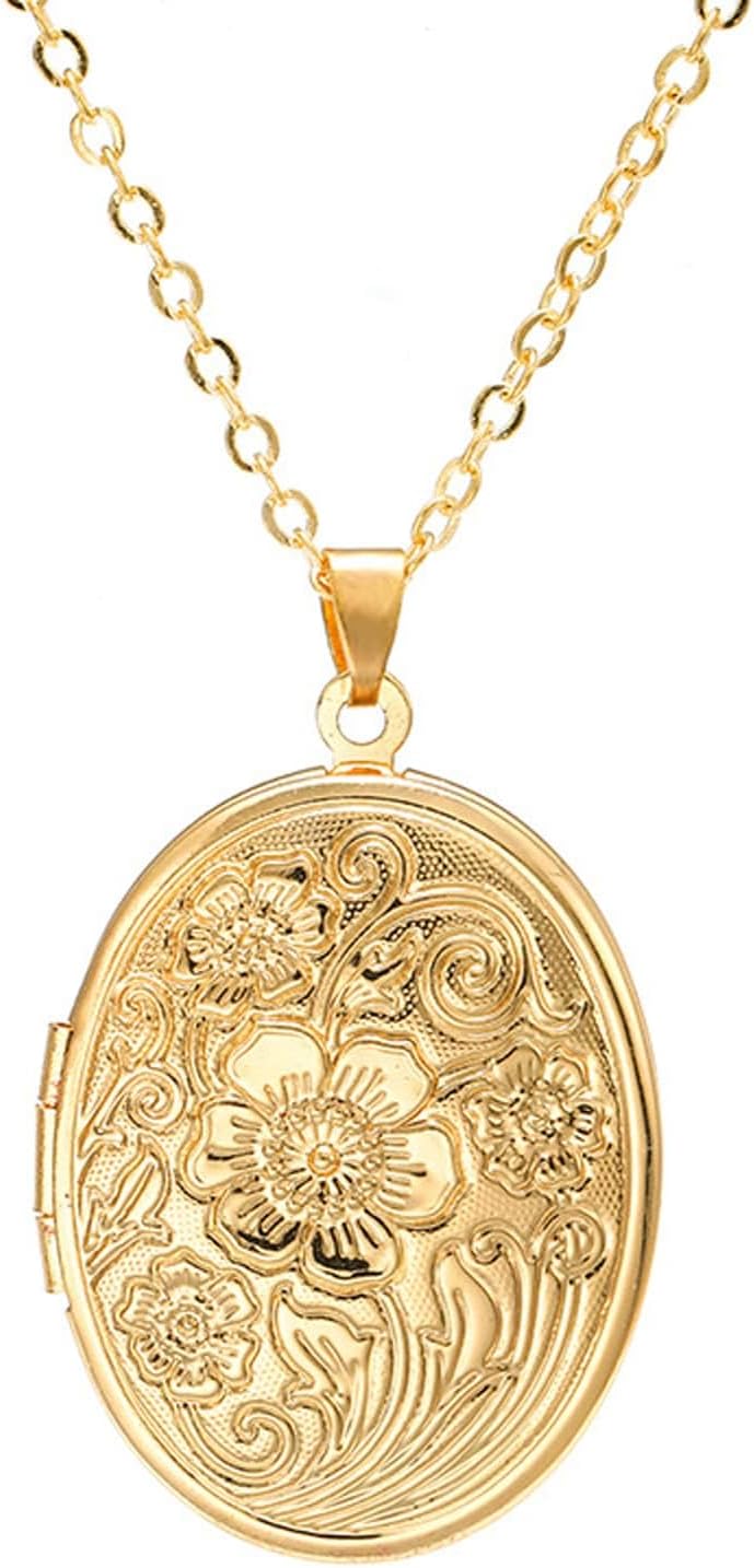 Vintage Engraved Flower Empaistic Photo Locket Hold Picture Oval Round Pendant Necklace Antique Carved Pattern Souvenir Memorial Clavicle Sweet Jewelry for Women