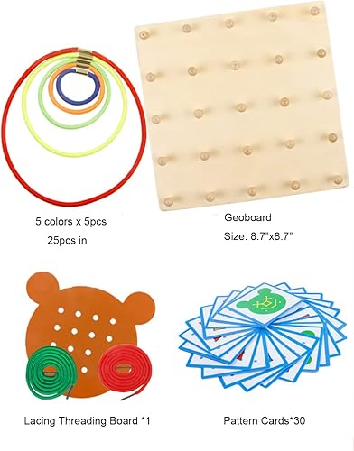 Miniatura 5 de YHZAN Geoboard de madera, tablero de clavijas gráficas, juguete sensorial Montessori para niños pequeños, bandas de goma coloridas, tarjetas de