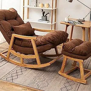 Artistic Wood Teak Wood Traditional Rocking Tropical Comfortable Rocking Chair with Footrest and Simple Designed Arm Chair in Velvet Fabric (Brown)