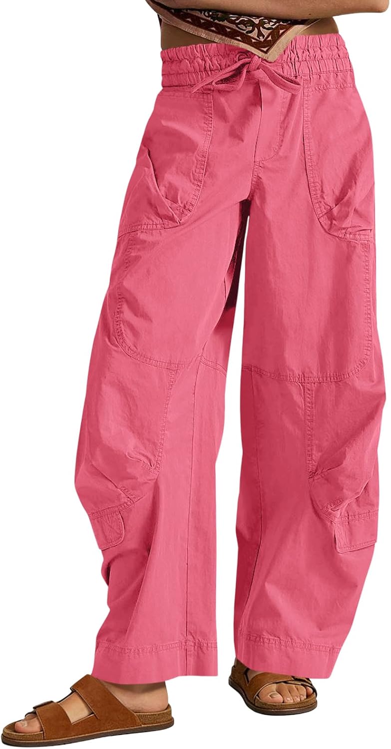 Aoysky Womens Baggy Barrel Wide Leg Pants Drawstring Elastic High Waisted Casual Loose Trousers Pockets