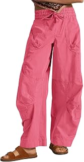 Aoysky Womens Baggy Barrel Wide Leg Pants Drawstring Elastic High Waisted Casual Loose Active Trousers with Pockets Pink