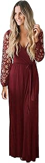 Zattcas Womens Vintage Floral Lace Long Sleeve Faux Wrap V Neck Party Long Maxi Dress