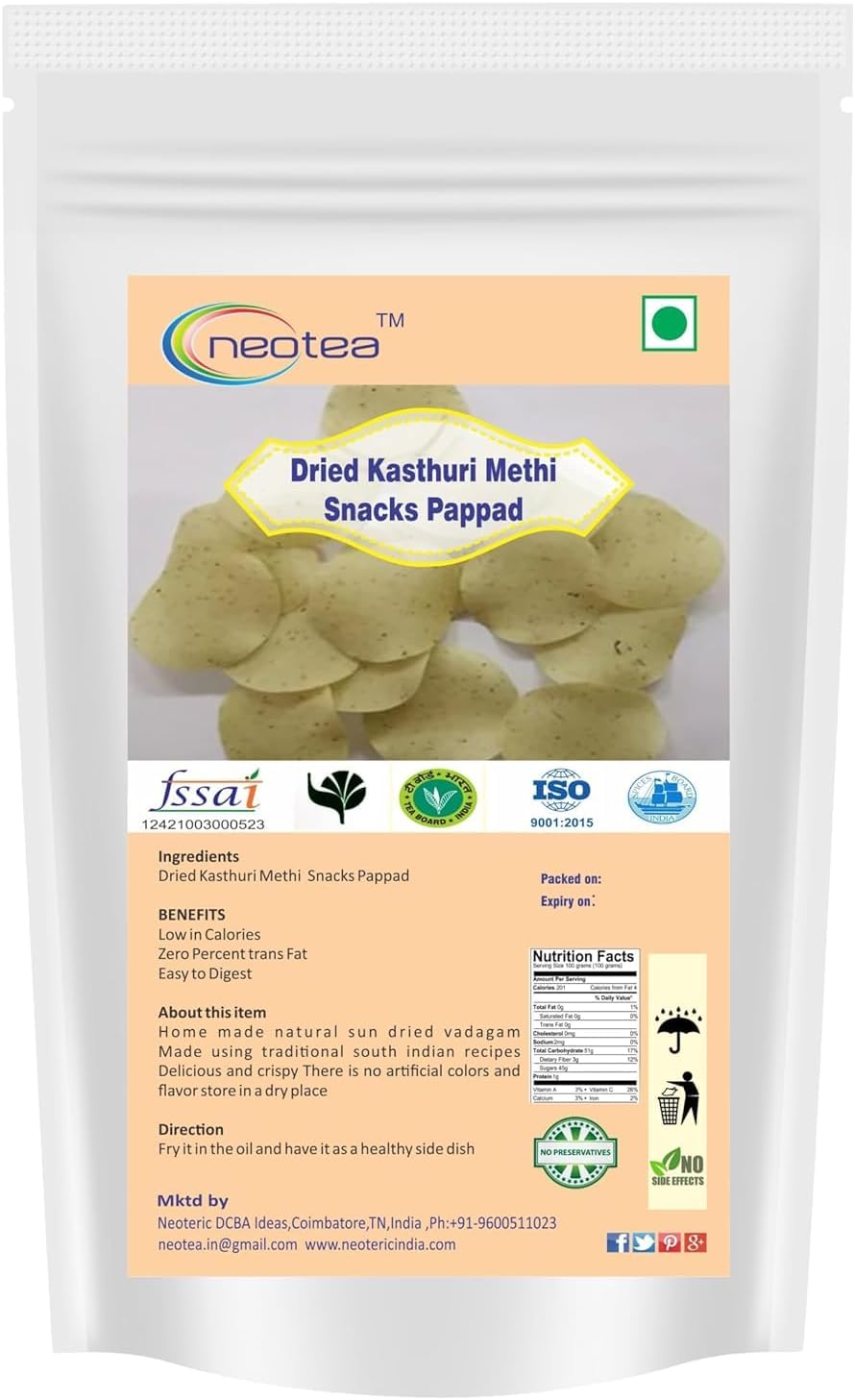 Neotea Homemade Dried Papad/Pappad/Papadum/Appalam (Indian Dish) - 250g (8.81Oz) (Kasuri Methi Papad) | Kasuri Methi Papad | Dried Fenugreek Leaves Crackers | Traditional Indian Snack | Crispy & Flavorful