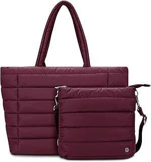 TEKGERLU [2-in-1 Set with FREE Crossbody] Puffy Tote Bag for Women, Large Quilted Shoulder Bag with Wide 3.9CM Adjustable Strap, Lightweight Casual Purse for Shopping, Weekend, Travel (Burgundy)