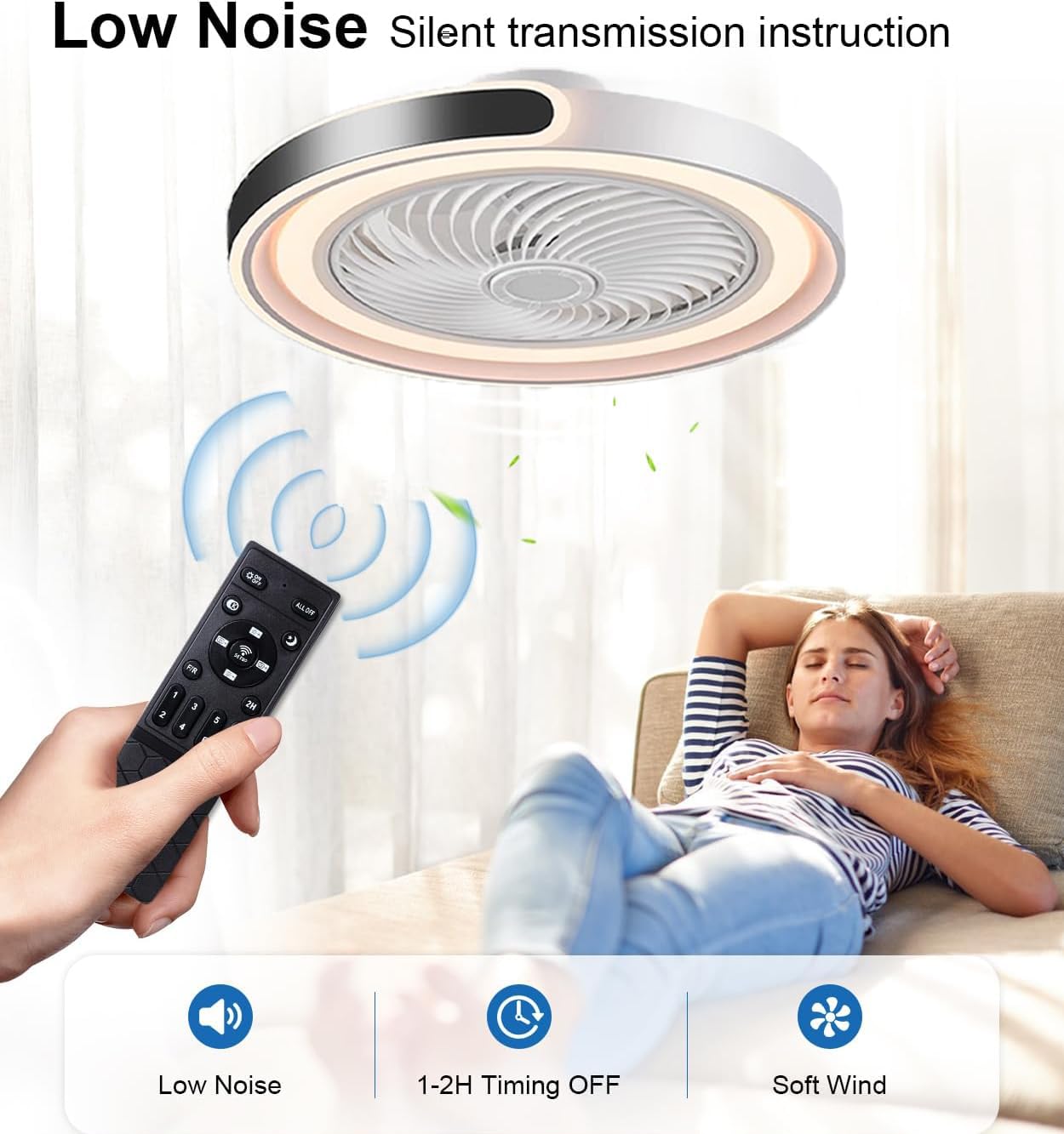 Ventilateur Plafond Silencieux avec Lumiere 50cm 70W LED Dimmable Télécommande APP Minuterie 6 Vitesses Blanc Noir