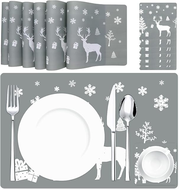 Christmas Table Mat Sets, 6PCS Christmas Placemats Dining Table Mats and 6PCS Christmas Coasters Non-slip Washable Placemats for Christmas Holiday Dining Table Decoration