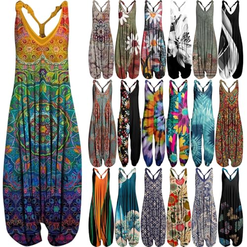OIOLOYJM Summer Plus Size Boho Overalls for Women 2025 Fashion Jumpsuits Loose Fit Rompers Floral Printed Baggy Harem Pants