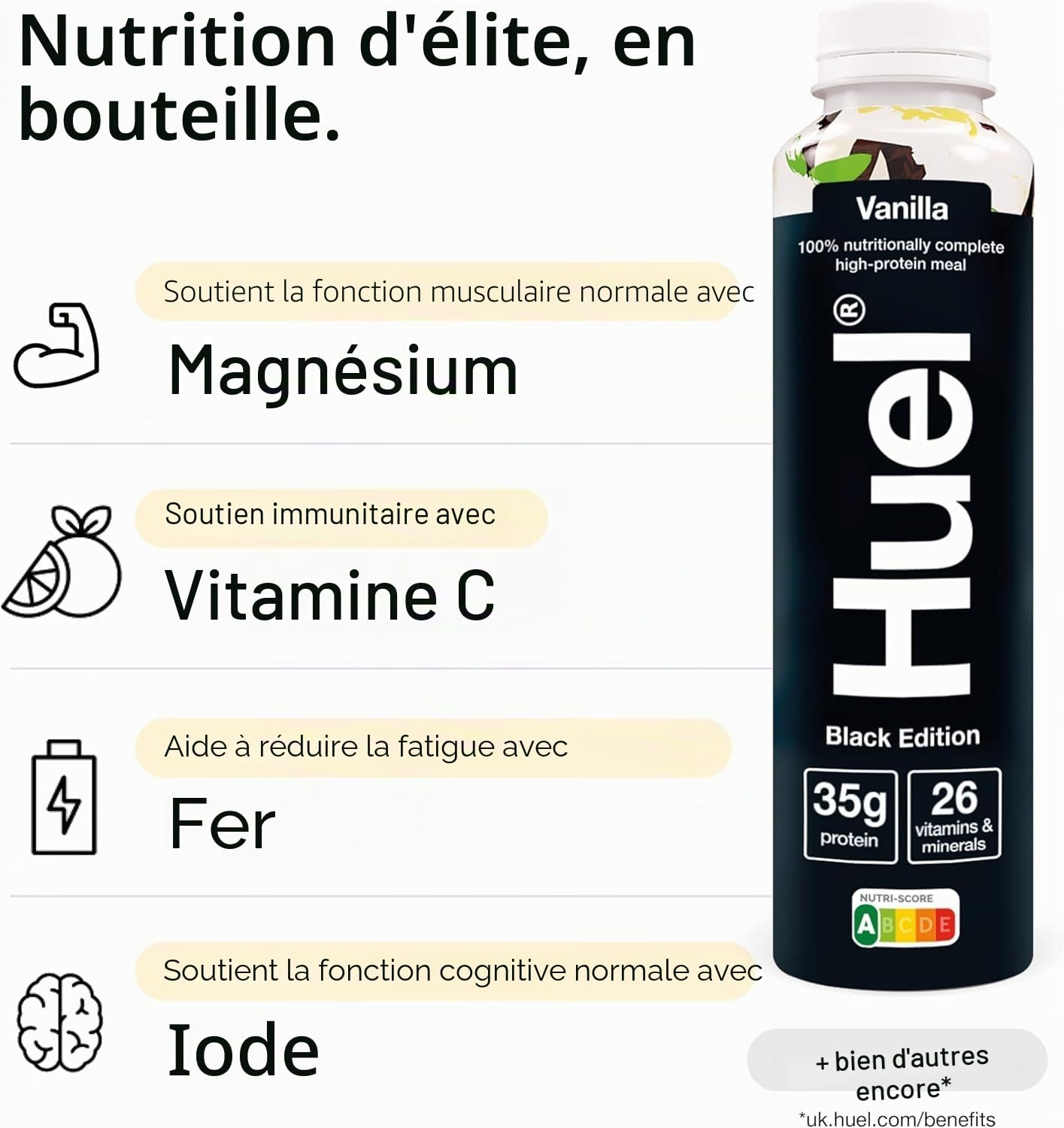Huel Black Edition – Boisson à haute teneur en protéines, saveur vanille, 35 g de protéines par bouteille, boisson de substitut de repas, nutrition complète, à base de plantes, sans gluten, (6
