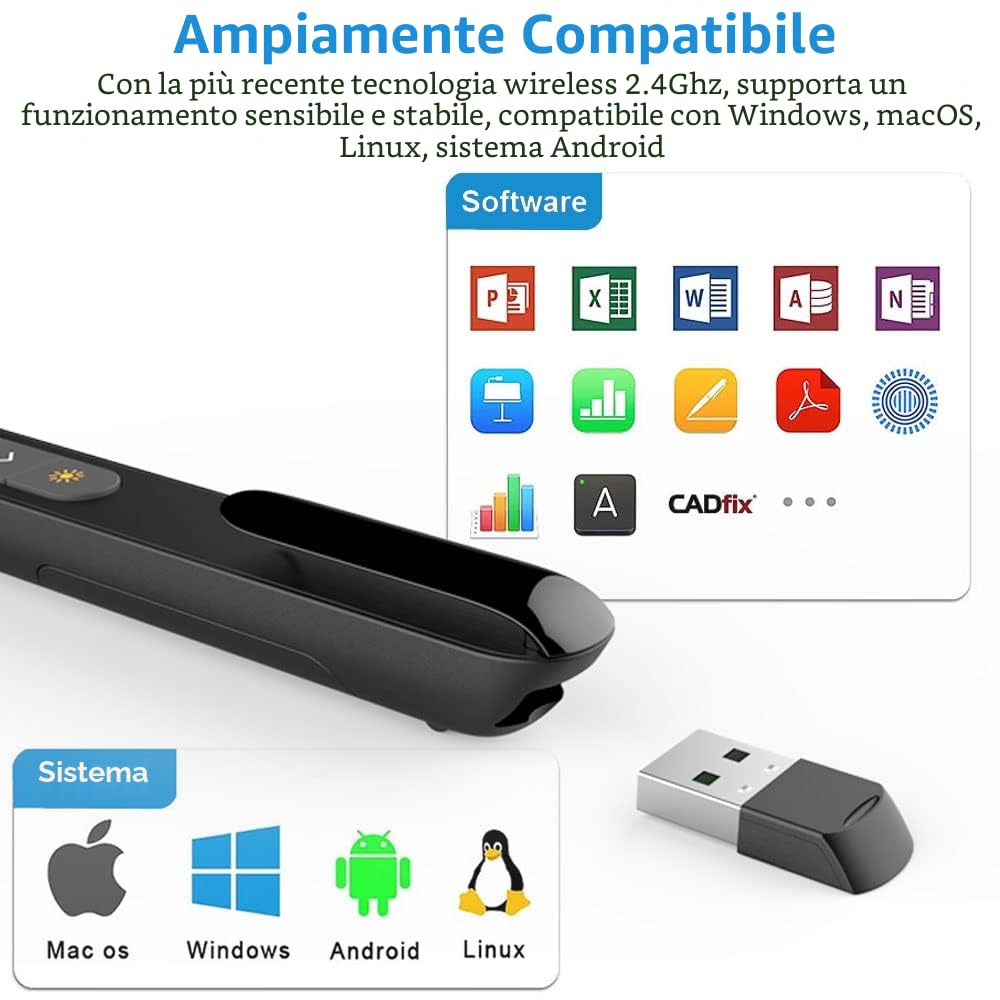 Puntatore Presentatore Wireless Presenter Ricaricabile Telecomando Presentazioni Powerpoint con Volume Collegamento Ipertestuale, Telecomando Slide PC Penna Presentazioni per Computer Mac