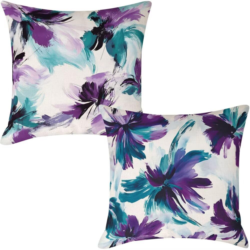 Outdoor Cushion Covers 60cm x 60cm Purple Garden Cushions Waterproof Modern Throw Pillow Cases Set of 2 Abstract Cushion Cover Linen Sofa Cushions Decorative Throw Pillows for Garden Patio (IU172)