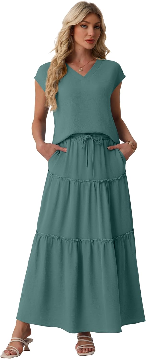 Lepunuo 2 Piece Skirt Sets for Women Flowy Maxi Skirts Cap Sleeve Tops Matching Sets Travel Vacation Outfits with Pockets