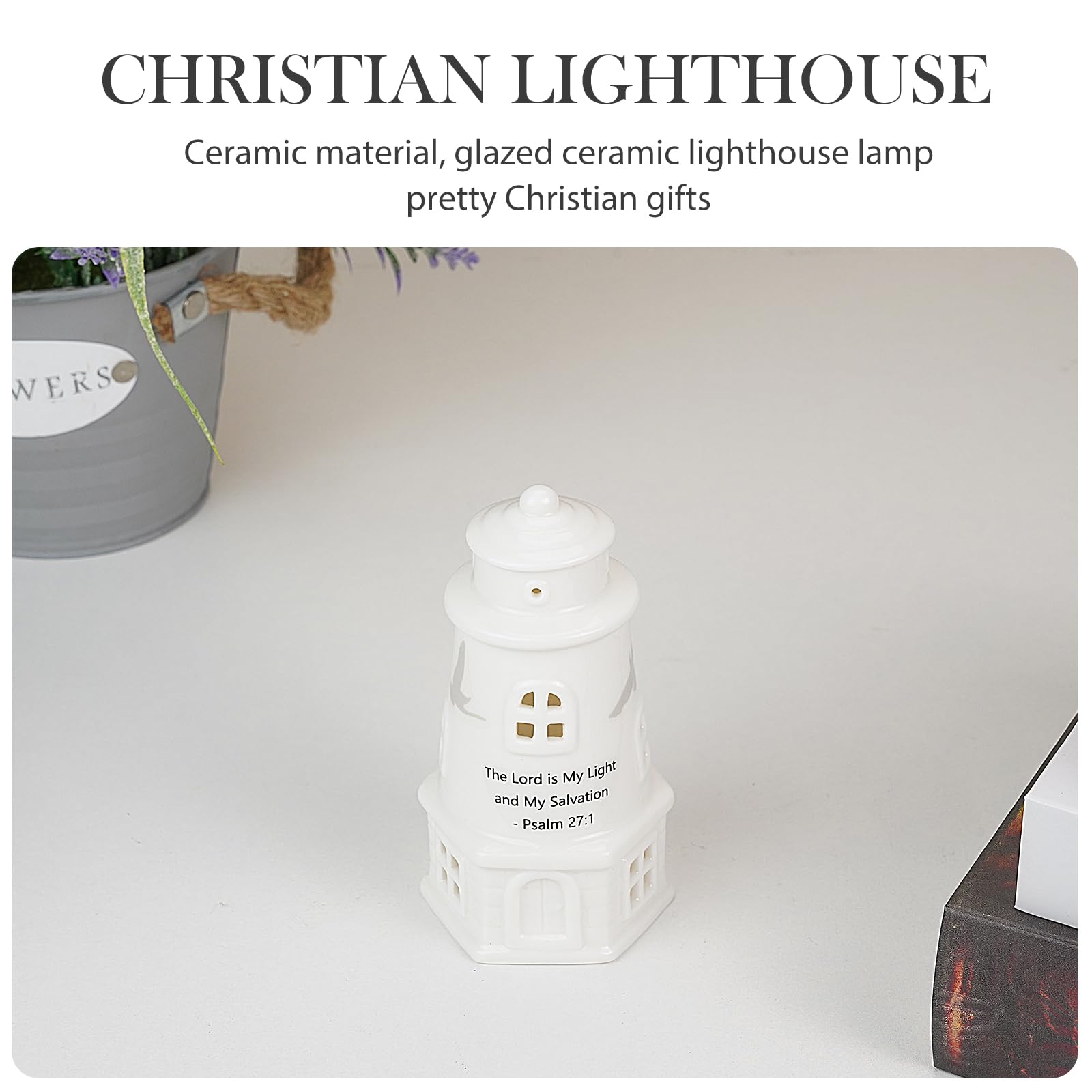 ROSYCOUD White Ceramic Lighthouse with Bible Verses - Psalm 27:1 Christian Light House Decor Statue Lamp, Faith Based Baptism Encouragement Spiritual Religious Gifts for Women