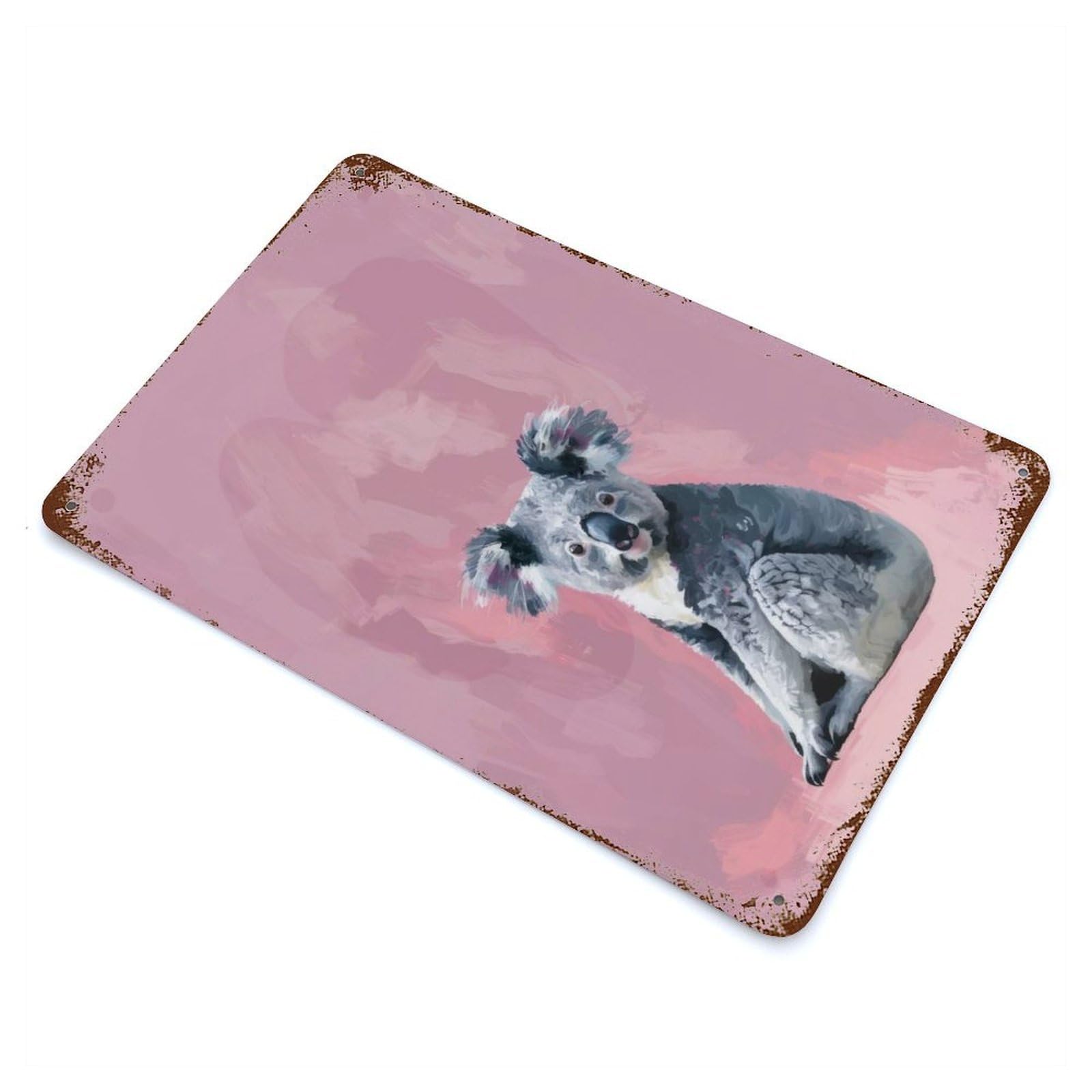 Aged Metal Wall Plaque with Koala on Pink Background Design 11.8"x7.9", for Farmhouse, Kitchen And Entryway Decor, Retro Wall Decor