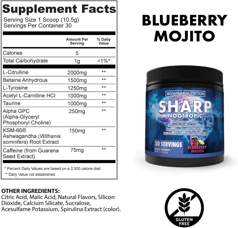 Miniatura 2 de BOWMAR NUTRITION Sharp Nootrópicos, polvo nootrópicos, 30 porciones de tubo, mejora el enfoque, aumenta los niveles de energía, suplemento cerebral,