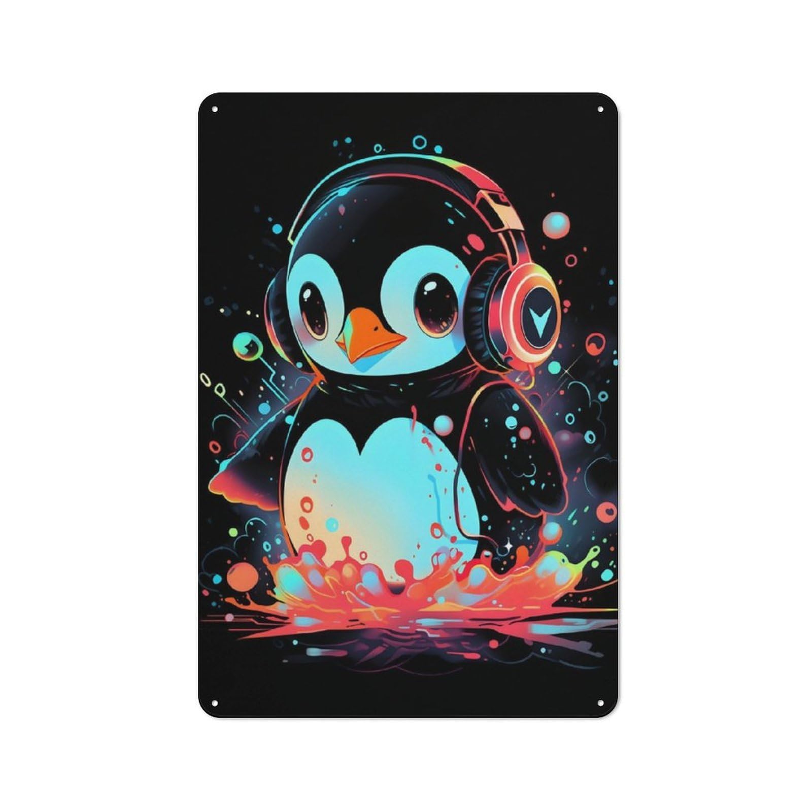 Junmoney Epic Penguin Headphones Rustic Metal Wall Sign 30X20cm For Hobby Room Or Studio, For Vintage Wall Decor Fans, For Themed Room Decoration
