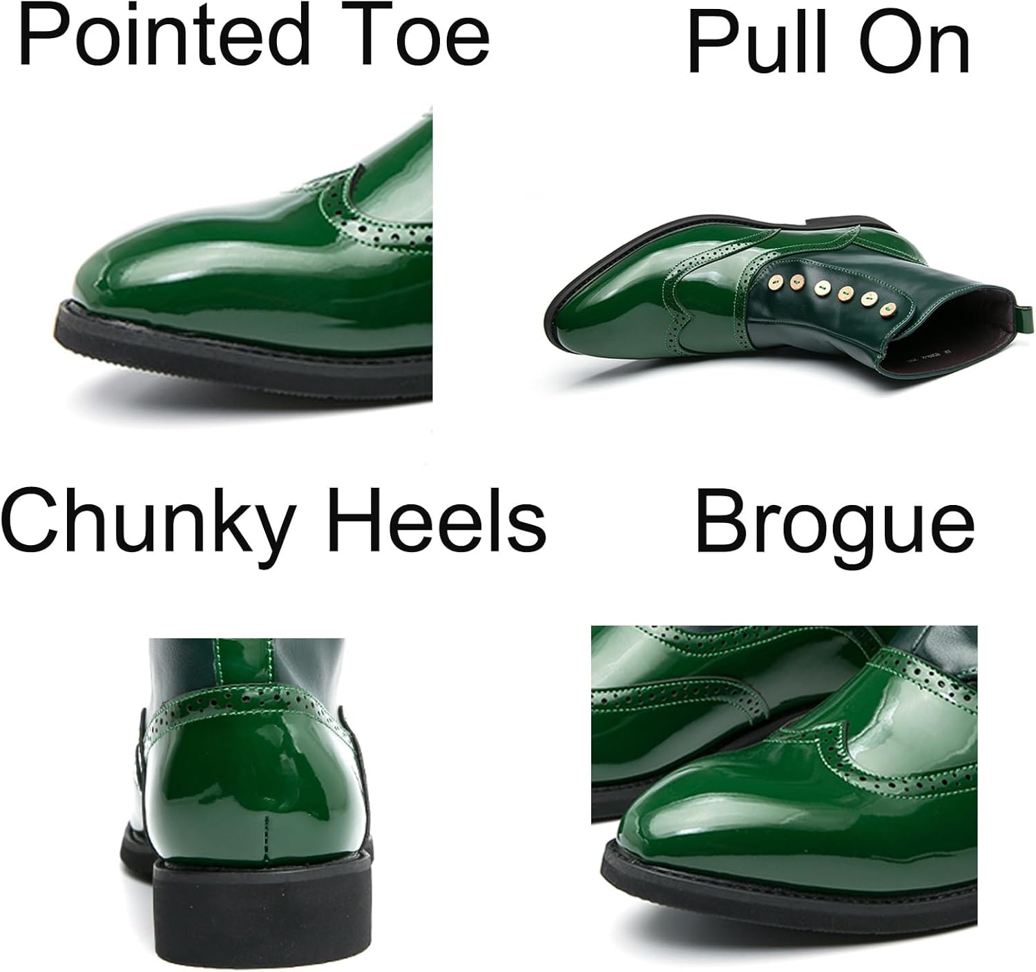Mens Patent Leather High-Top Pull On Brogue Ankle Boots Pointed Toe Chunky Heels Non-Slip Casual Shoes for Business Casual Dress Prom Party - Image 3