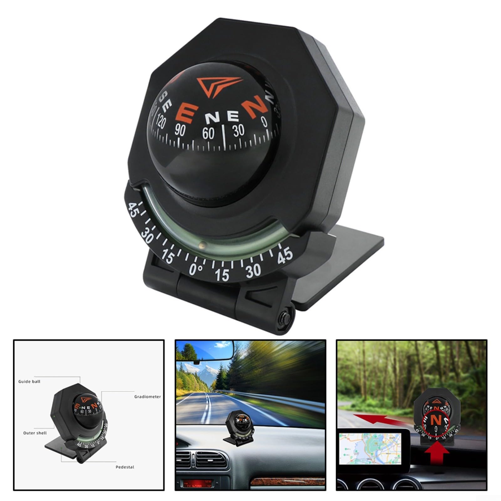 Auto Kompass für Armaturenbrett, Präzises Navigationsinstrument aus ABS, 9x7x6.3cm Schwarz, Wetterfestes Display für Geländewagen und LKW, Einfache Montage mit Kleberückseite