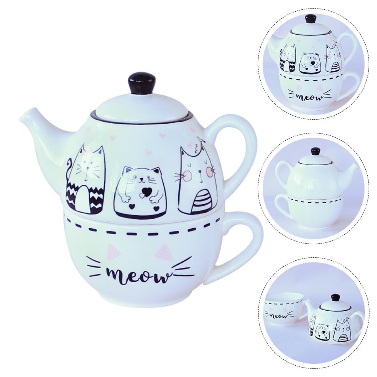 Service à Thé Théière-tasse Céramique Blanc, Motif Chat, 1 Set