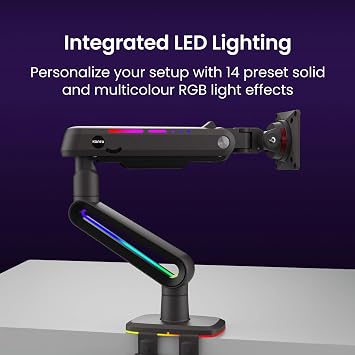Kanto DMG Heavy-Duty Single Monitor Gaming Arm for 32-60 Displays | 44 lb Weight Capacity | Height Adjustment w/Spring Arm | RGB Lighting | Compatible with Flat, Curved & Ultrawide Monitors | Black