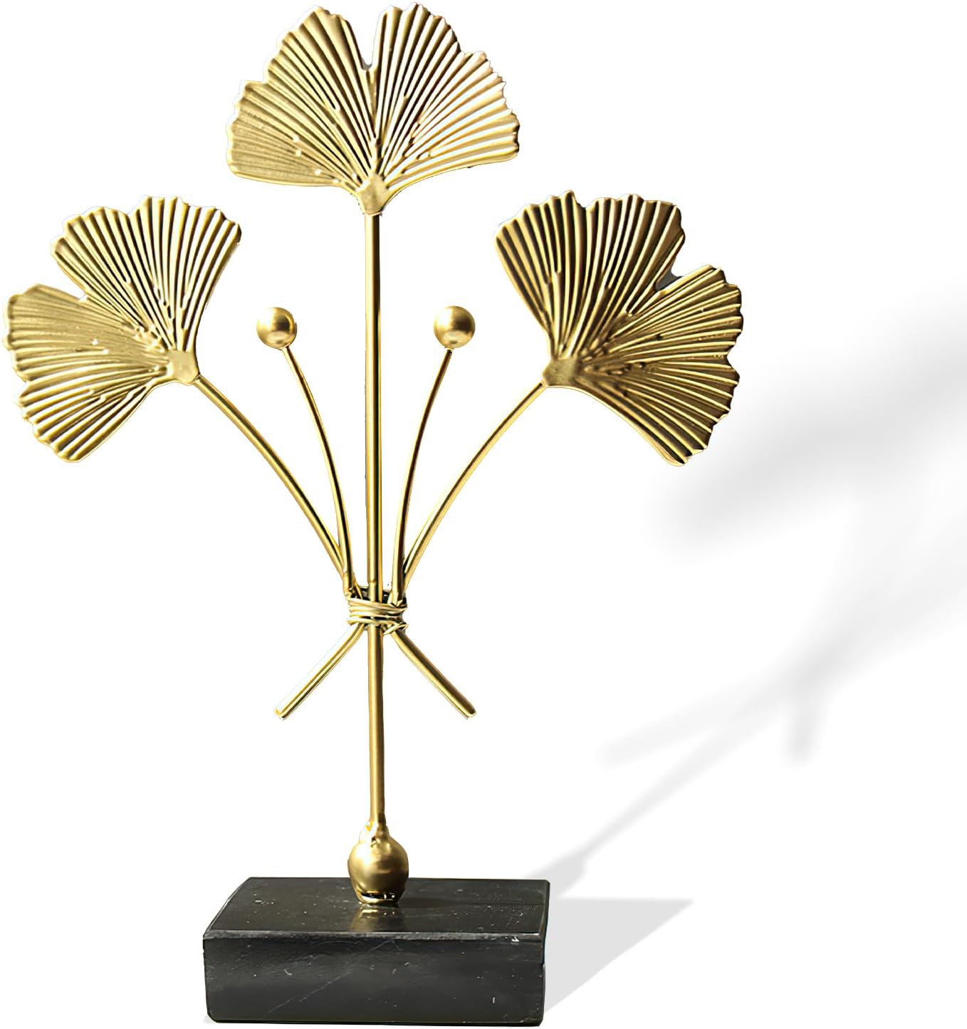 Gold Ginkgo Leaf Sculpture, Modern Metal Leaf Desk Decor with Marble Base, Elega…