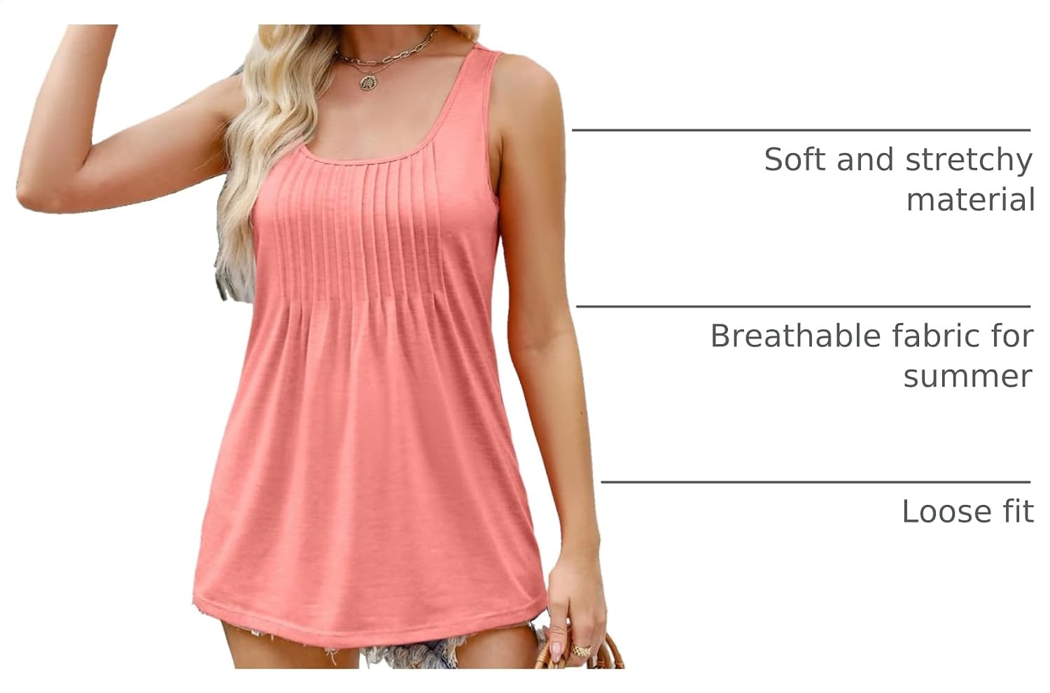 Zeagoo Sleeveless Tank Top for Women Pleated Cami Tops Casual Flowy Square Neck Shirts Loose Fitting Blouses Coral image 4