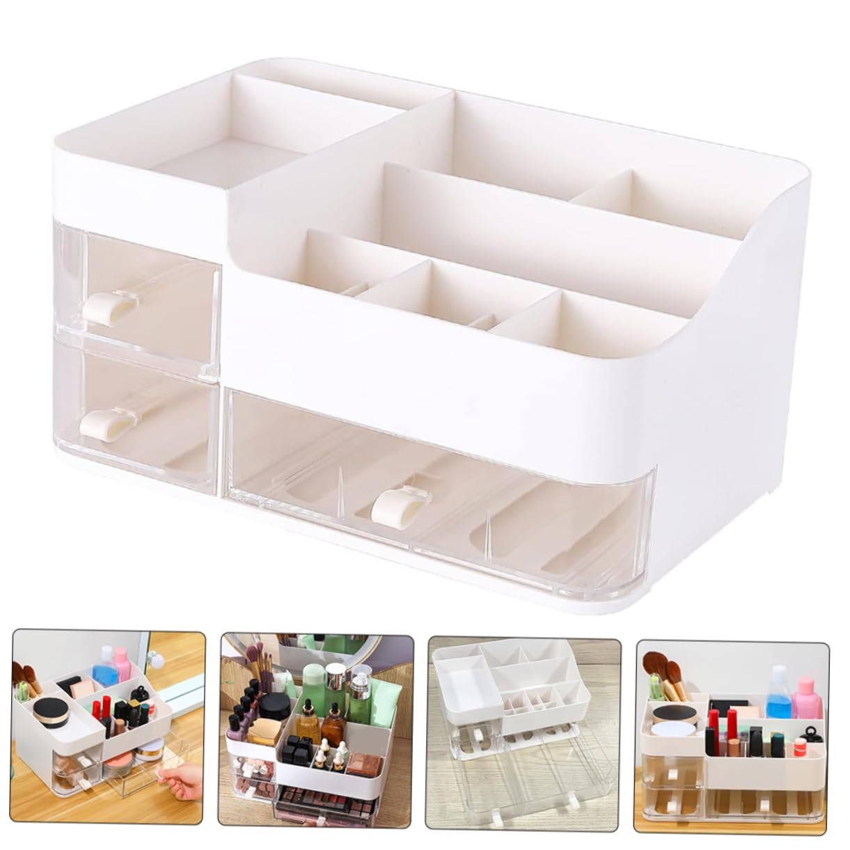 Organizzatore da Scrivania per Trucchi con Cassetti, Bianco | Plastica, Scomparti Comodi e Cassetti Trasparenti, per Cancelleria e Gioielli, Design Minimal Raffinato
