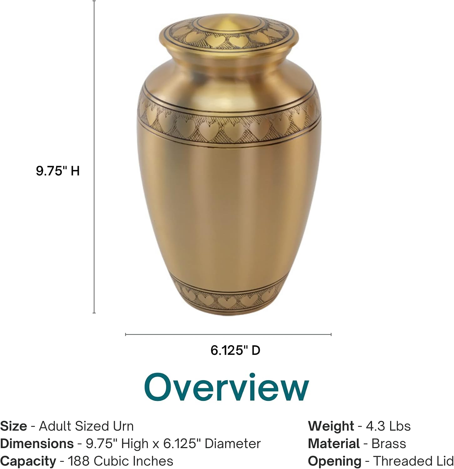Custom Engraved Band of Hearts Gold Cremation Urn for Ashes, Brass, Gold Urn, Adult Sized Cremation Urn, 9.75 Inches High
