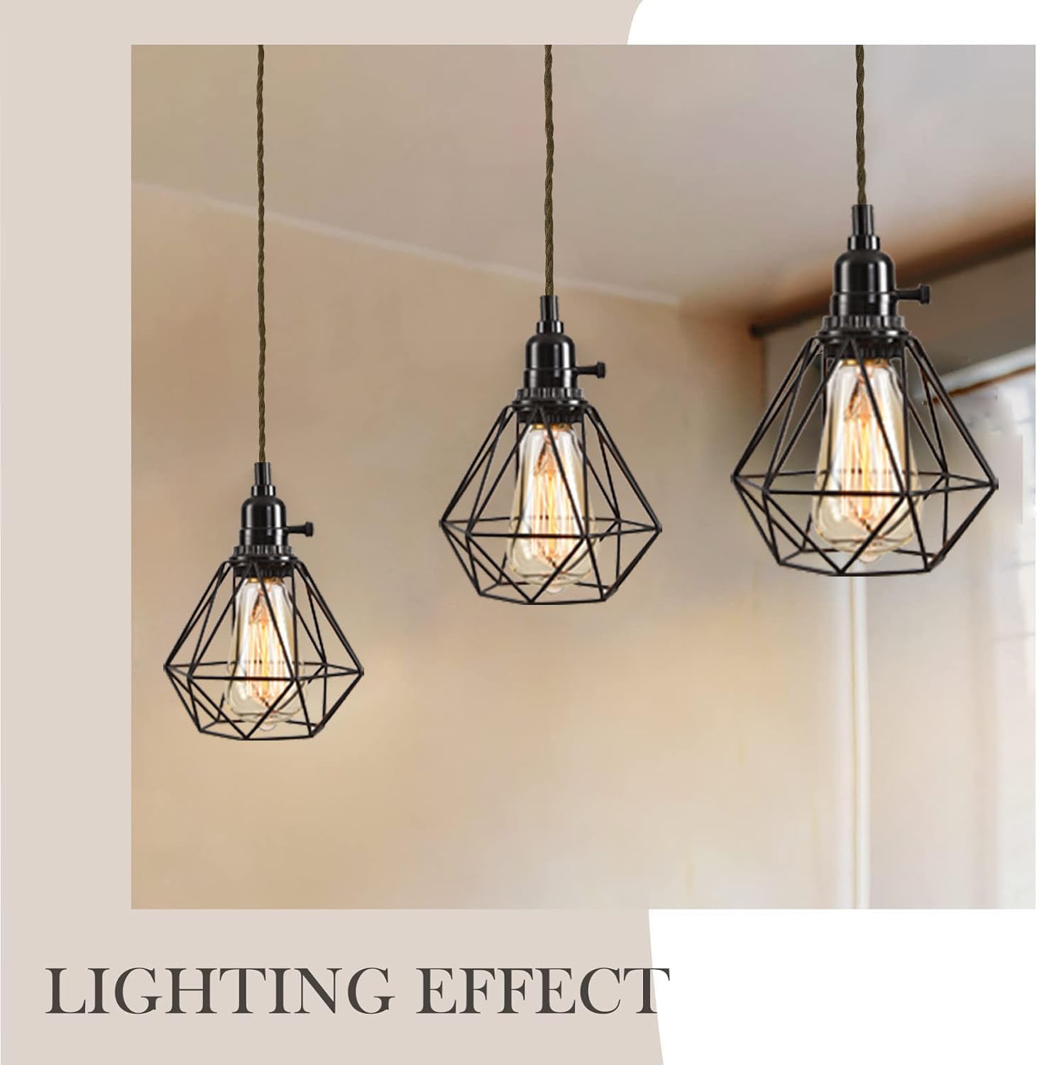 3-Light Hanging Light with Plug in Cord,Plug in Pendant Light 22ft Hemp Rope Pendant Lighting Vintage 3-Light Hanging Lamp Fixtures for Kitchen Island Living Room Bedroom
