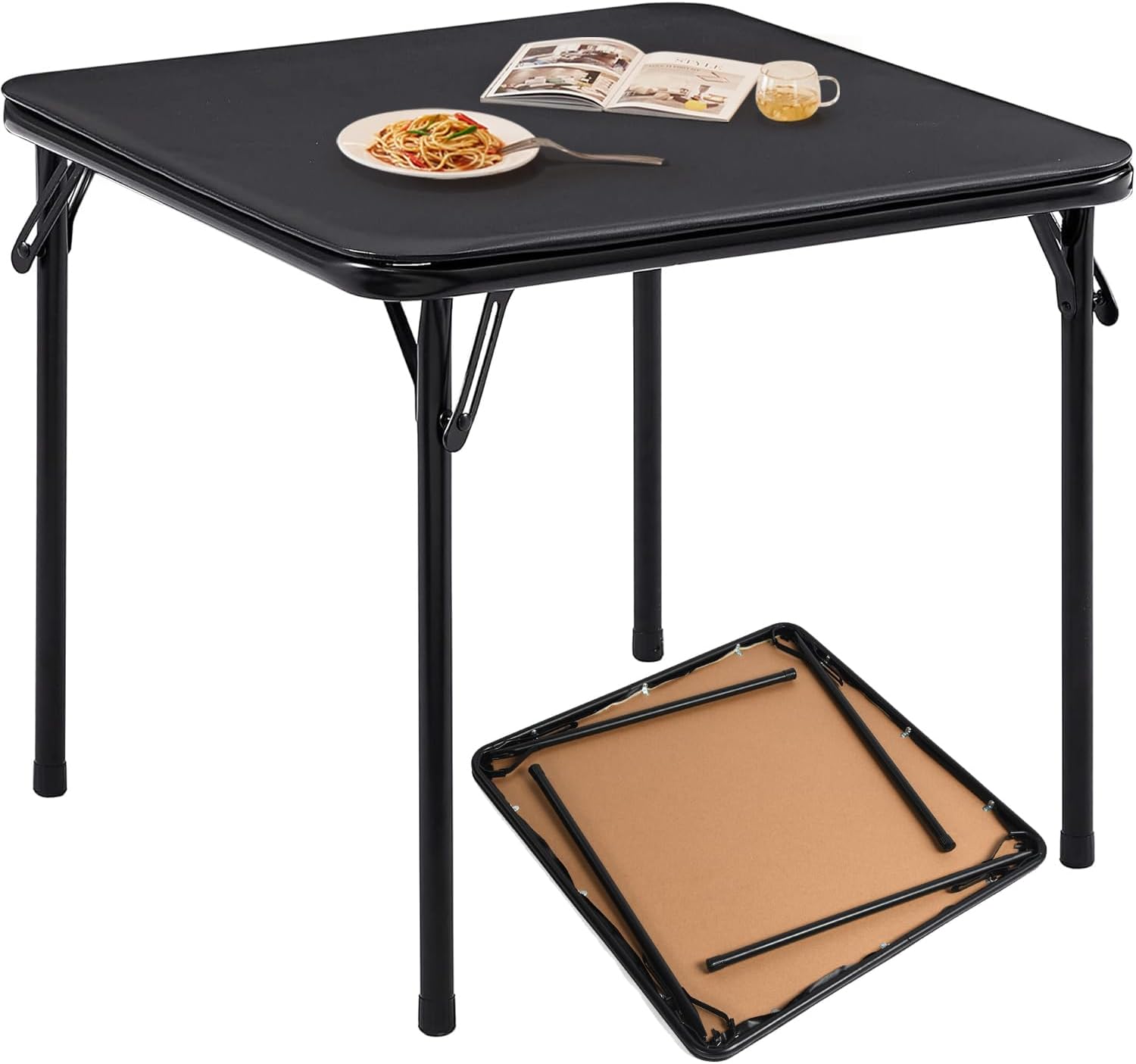 FurnitureR Square Folding Card Table 33.9 inch, Multi-Functional Table Foldable Portable for Indoor Outdoor Dining Panic, PVC Tabletop, Metal Frame, No Assembly Required, Black
