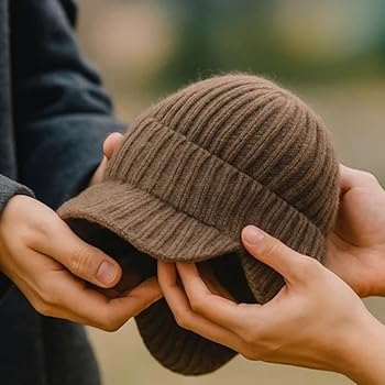 Styeyts Muts Scandinavische wintermuts met oorbescherming, uniseks eenheidsmaat gebreide hoed met dikke warme voering, wind- en koudebestendig, met vizier en oorkleppen, outdoor, beige, One size