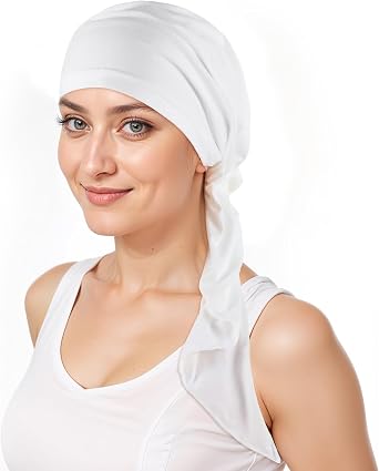 JJUNW 1Pcs Chemo Headwear for Women, Pre Tied Chemo Head Scarf for Women, Hair Loss - Cancer Slip On Headwear, Turbans for Women, Soft Cotton Elastic Head Scarf for Cancer PatientsWhite