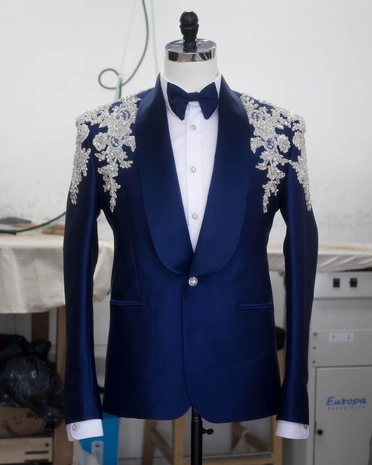 Men's Royal Blue Blazer with Rhinestone Embellishments, Shawl Lapel, One Button