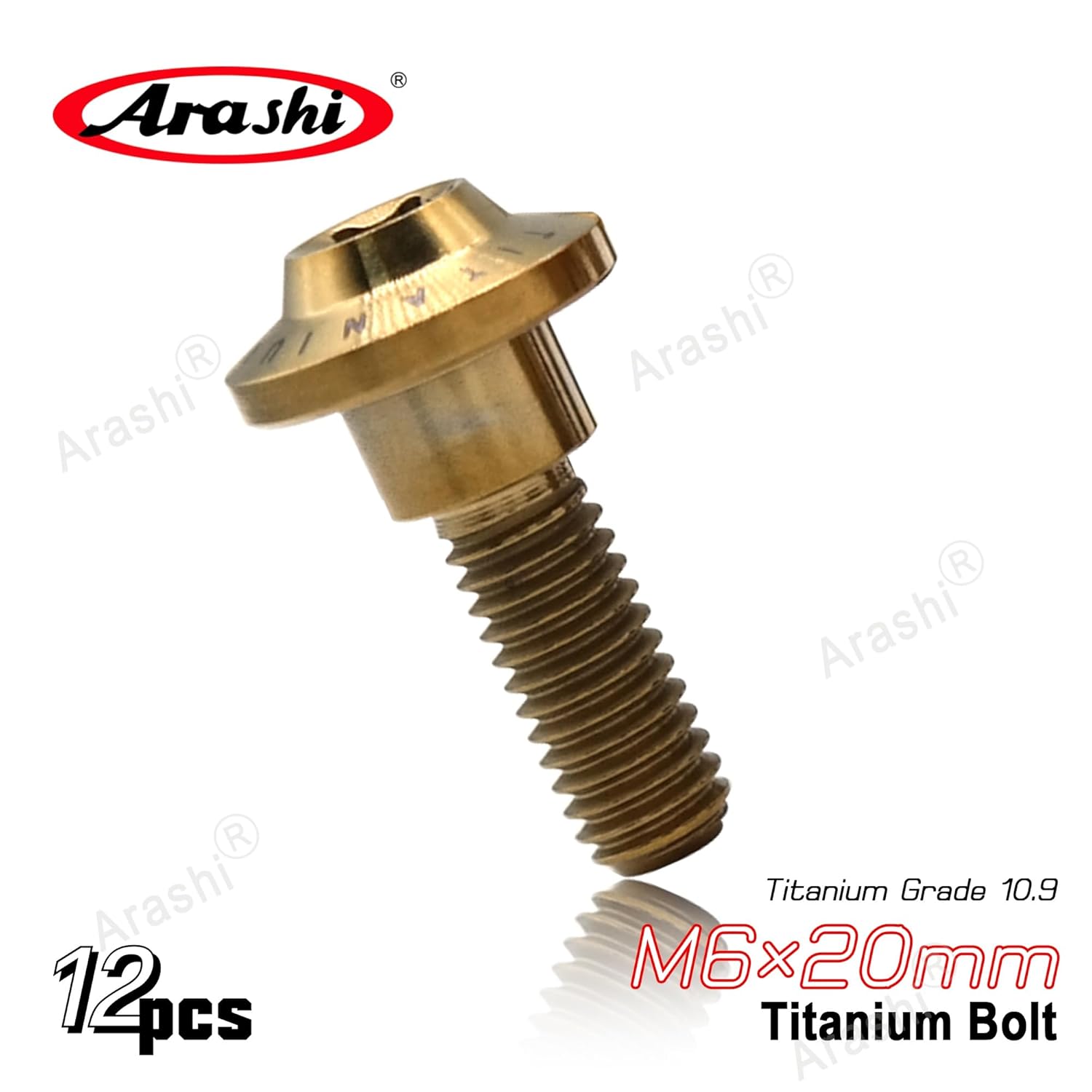 Arashi Front Brake Disc Rotors Mounting Bolts for Yamaha R1-Z 250 1997, XJR400 95-00, FZR600R 90-95, TDM 850 95-01, TRX 850 95-00, FJ1200 88-91 Titanium Tapered Torx Screws M6x20 Gold 12 Pcs