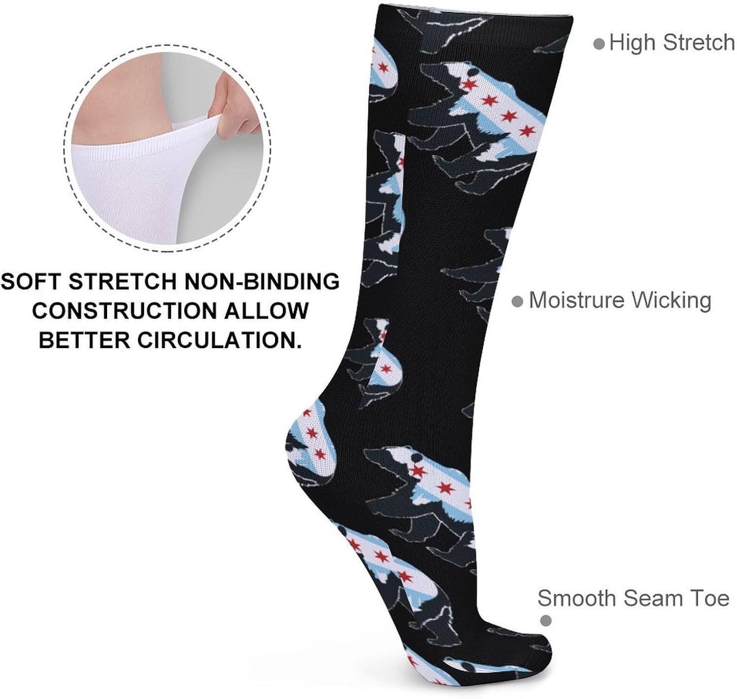 Chicago City Flag Bear Print Knee High Socks Casual Long Stockings Over Calf Sock Tube for Women Men