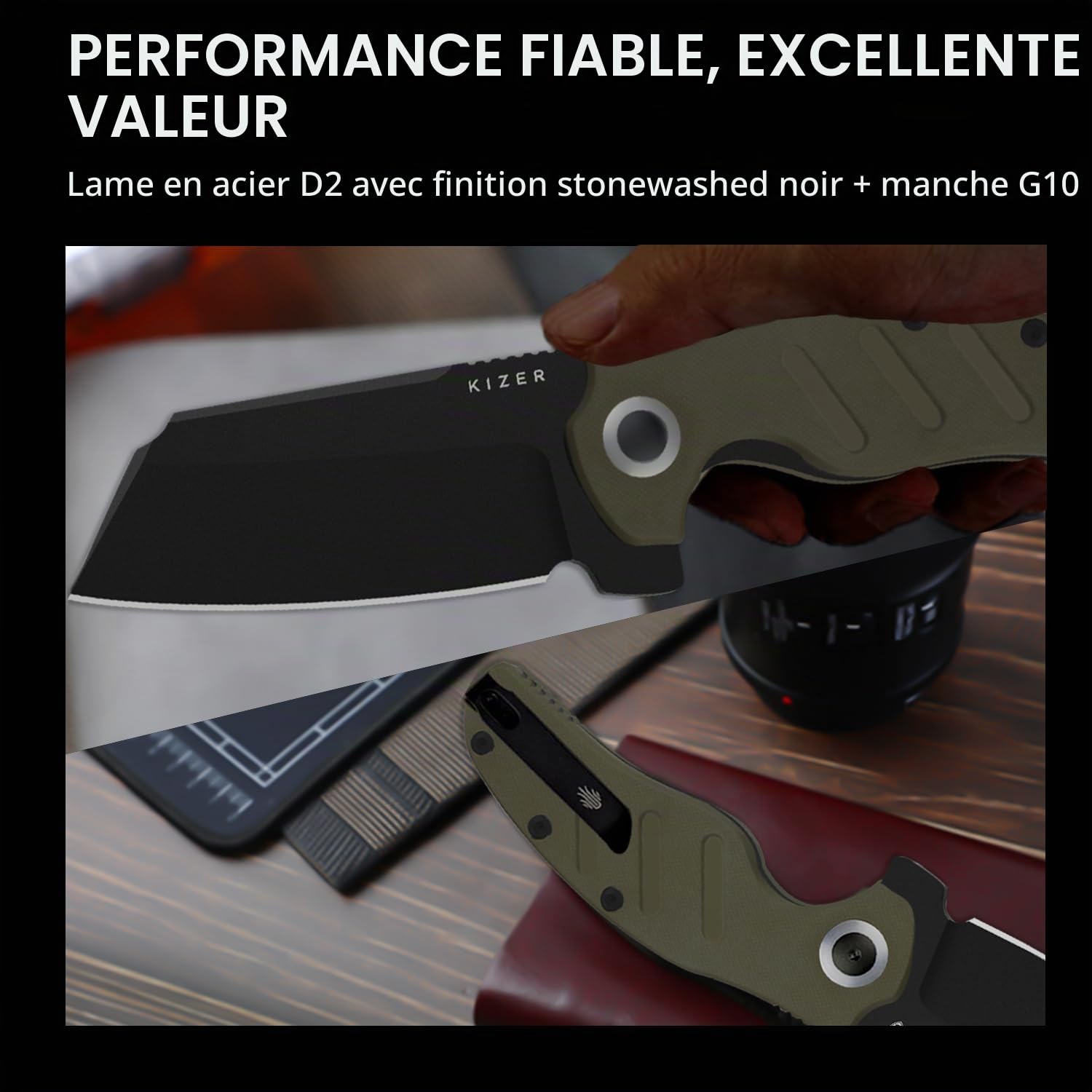 Kizer C01C XL Sheepdog Couteau de Poche, Lame Sheepsfoot D2 de 10cm, Couteau Pliable EDC avec Manche G10, Non-automatique Ouverture manuelle, Clip de Poche, Couteaux de Survie pour le Camping V5488M1