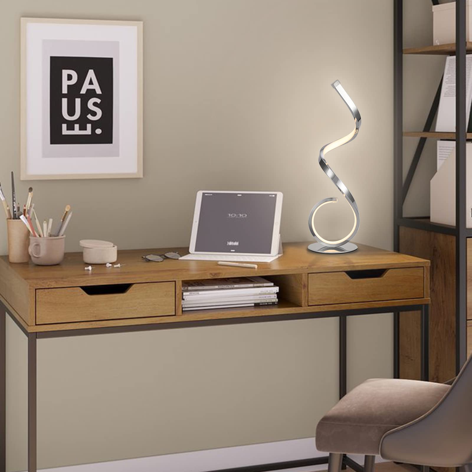 Lampada da tavolo a LED con design a spirale 22W, dimmerabile al tocco, lampada da scrivania, moderna lampada da comodino, bianco caldo bianco freddo 3 modalità di colore, 10 livelli di