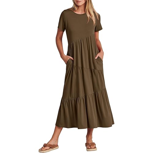 ANRABESS Womens Summer Casual Short Sleeve Crewneck Swing Maxi Dress Flowy Asymmetric Tiered Beach Dress with Pockets