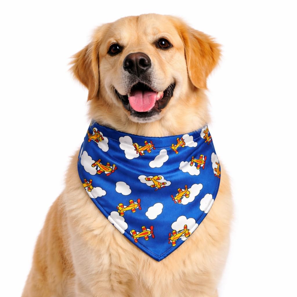 Ultra Premium Satin Dog Collar Bandana, an Ideal Accessory for Medium and Large Dogs. It Includes a Slip-on Bandana and an Adjustable Collar with a D-Ring. (Medium - Large, Airplane and Cloud)