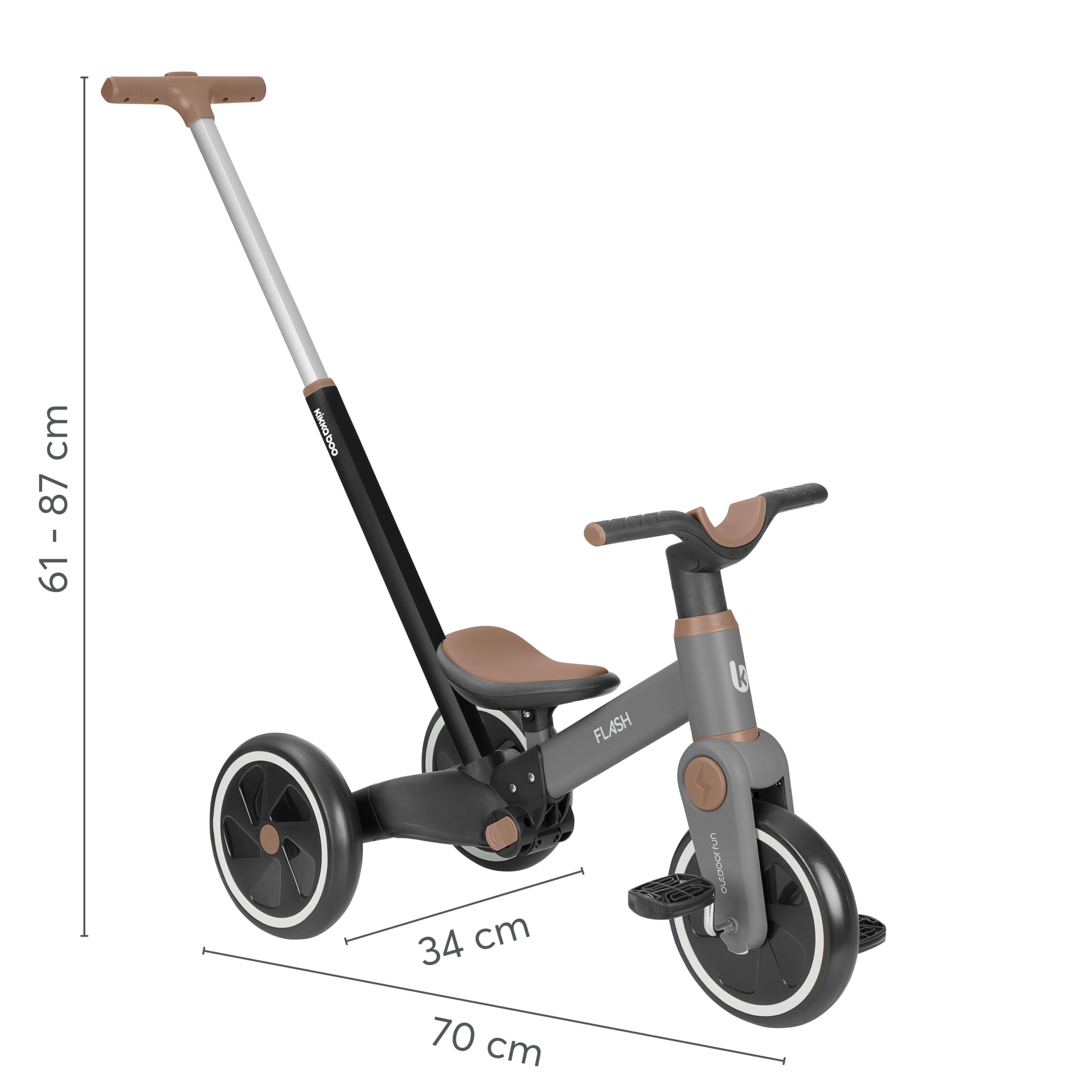 KikkaBoo Triciclo Evolutivo 5 in 1 FLASH, da 18 Mesi a 4 Anni, con Maniglione Regolabile per Genitori, Trasformabile in Bicicletta Senza Pedali, Leggero, Ruote EVA, Telaio in Acciaio, Grigio