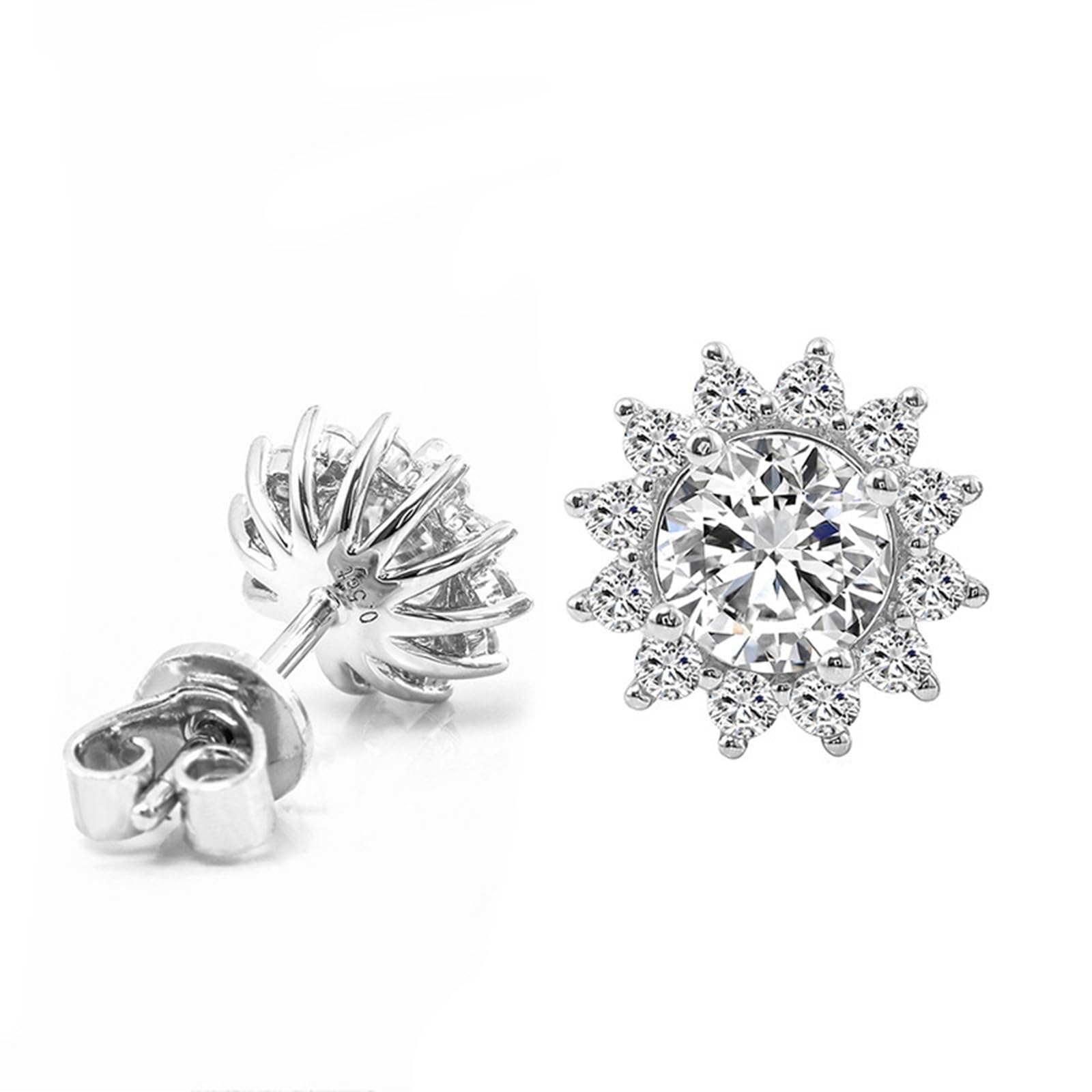 Pendientes Mujer Girasol con Moissanita de 0.5ct y Circonita, Oro Blanco 9K/14K/18K/Plata de Ley 925, Joyería Pendientes de Botón con Piedra